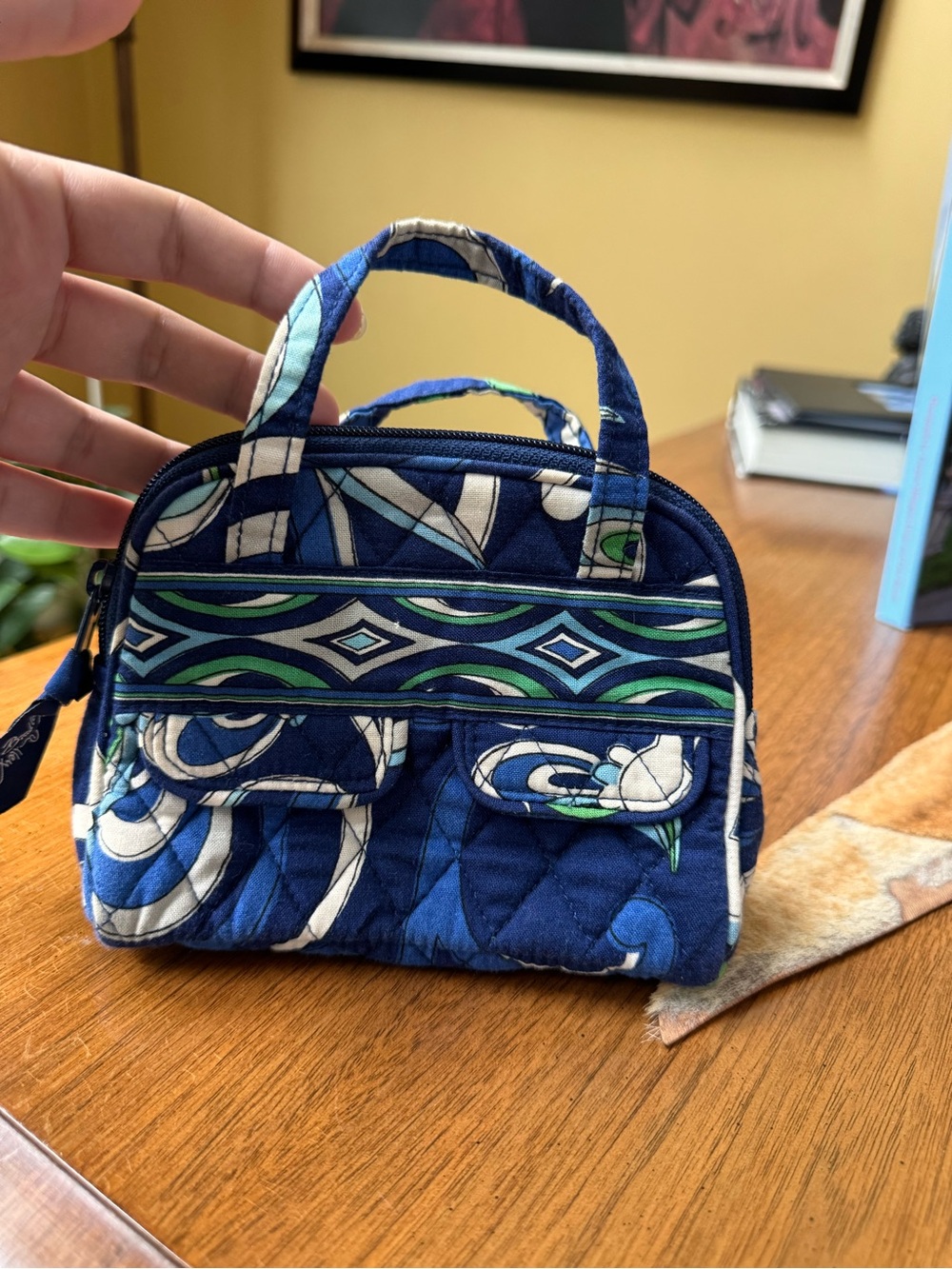 Vera Bradley Blue and Green Quilted Mini Top-Handle Cosmetic Bag